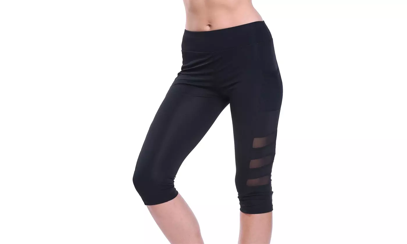 Women Side Pocket Mesh Splice Tummy Control High Waist Capri Leggings Yoga Pants