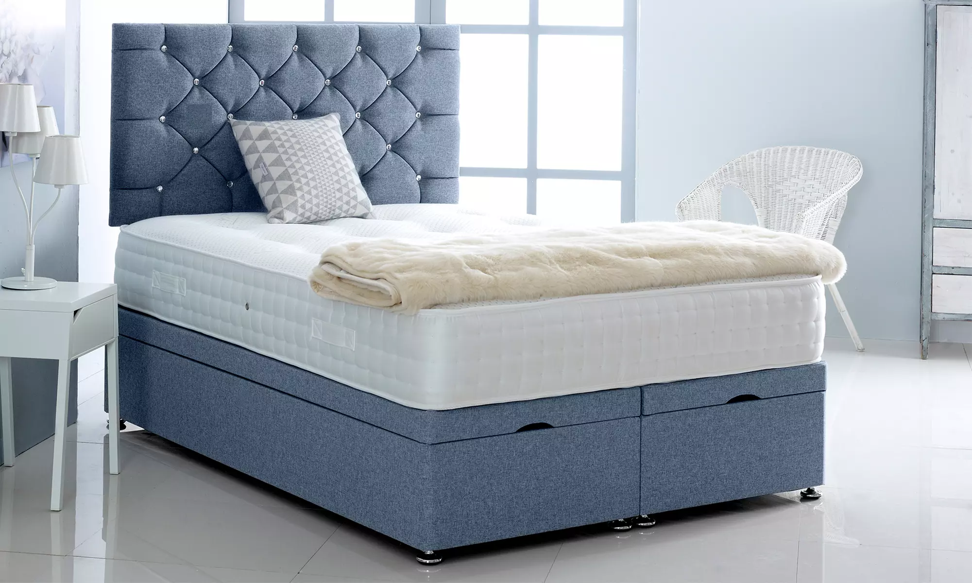 Linen Ottoman Divan Bed with Mattress and Chesterfield Headboard