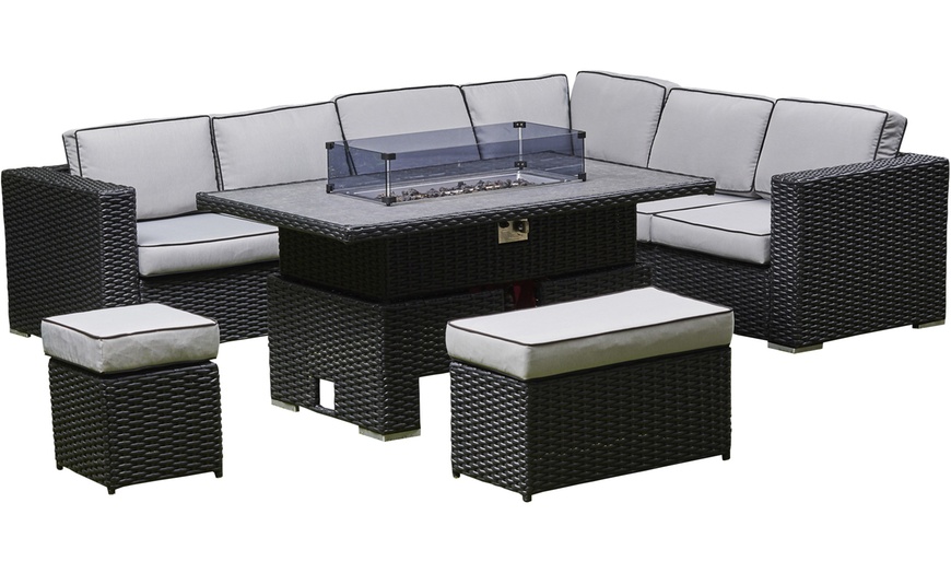 Image 2: 6-Seater Rattan Effect Garden Firepit Dining Set