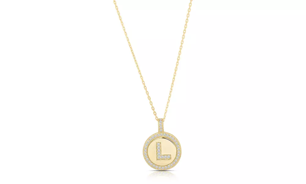 Crystal Round Disc Initial Pendant Necklace in 14K Gold Plated
