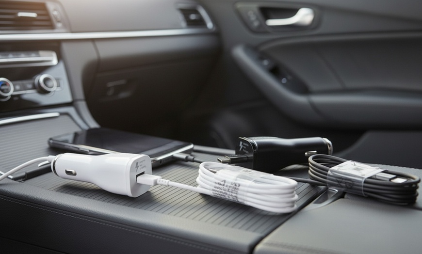 Image 1: Samsung Fast Car Charger with 2 USB C Type-C Cables for S8 S9 Plus Note 8