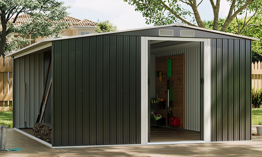 Image 19: Outdoor Black Garden Metal Storage Shed with Log Storage