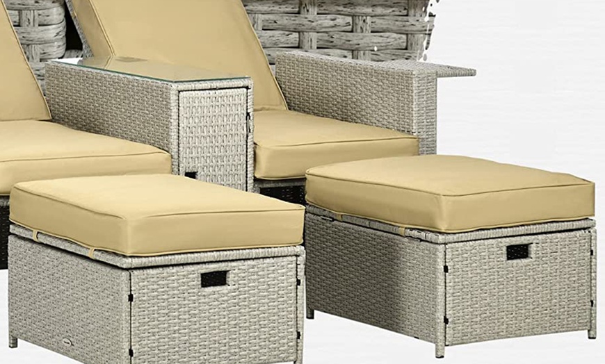 Image 10: Outsunny Rattan-Effect 2 Sun Loungers with Footstools, with Cushions