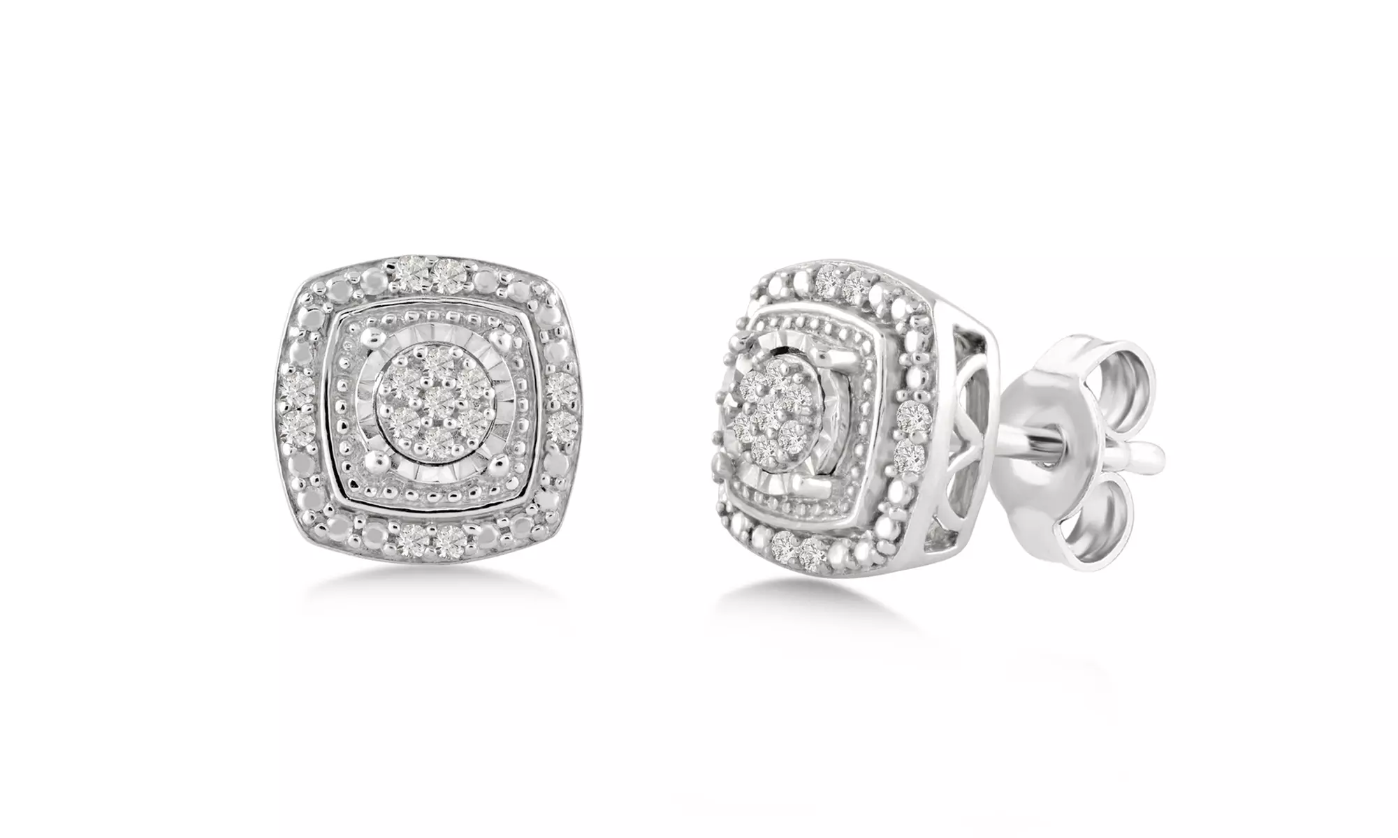1/10 CT Diamond Cluster Halo Cushion Frame Stud Earrings in Sterling Silver