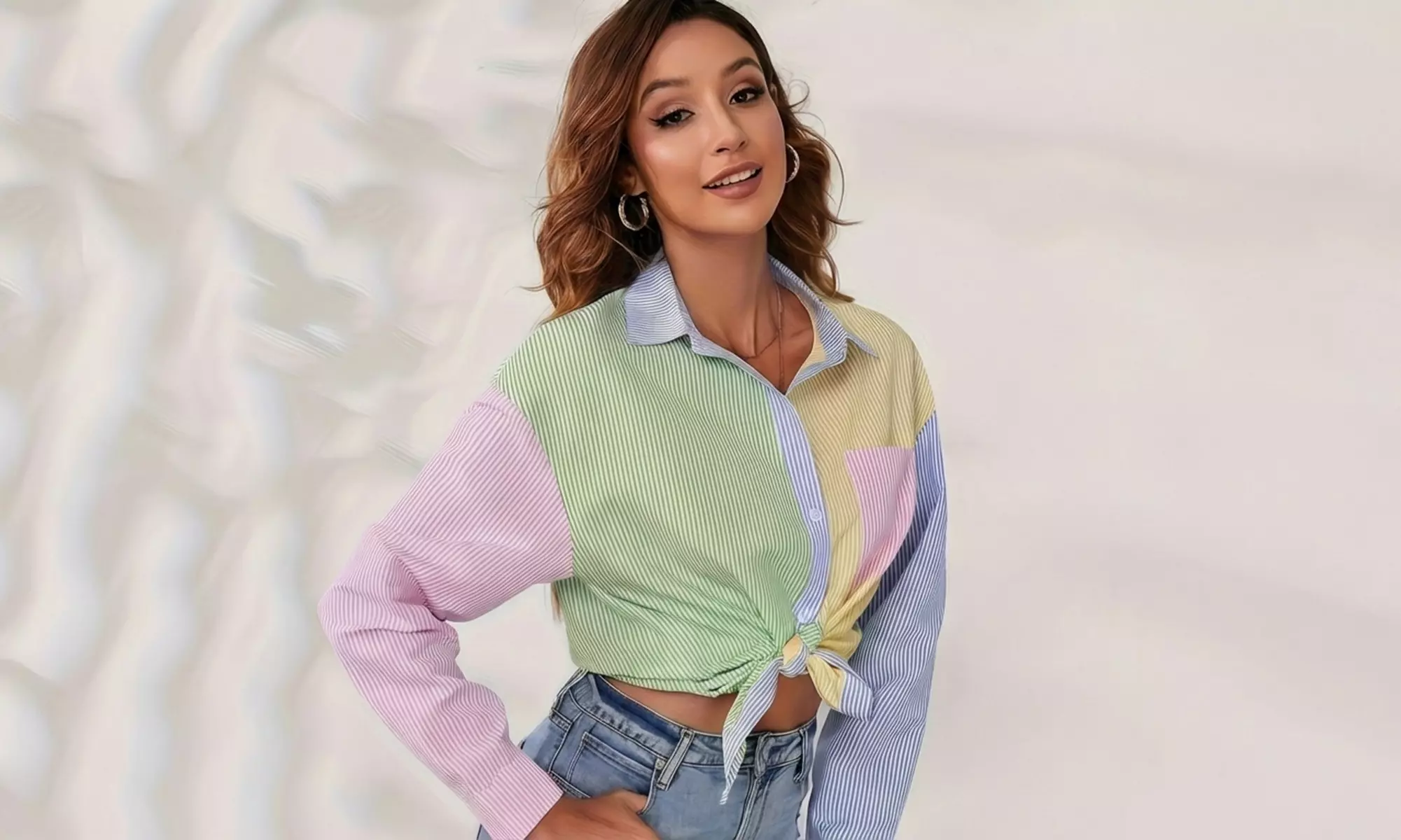 Women’s Oversized Colourblock Striped Button-Up Tunic Shirt