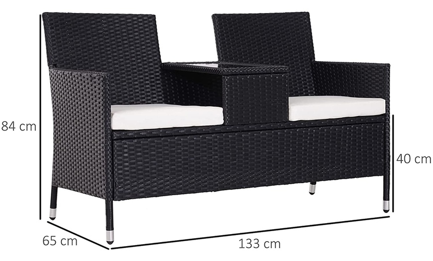 Image 8: Outsunny Two-Seater Rattan-Effect Chair with Integrated Table, Black