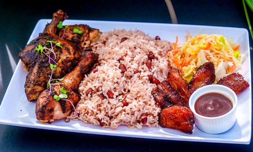 Image 1: $25, $50, $75 Towards Food or Hibiscus Jerk Wings & Choice of Drink!