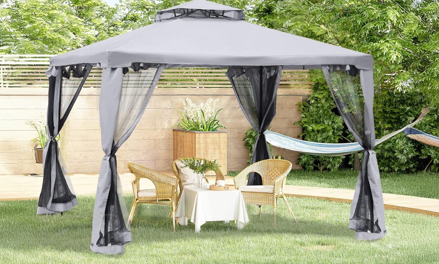 Image 1: Outsunny 3m x 3m Gazebo with Net Curtains, Stylish Metal Design