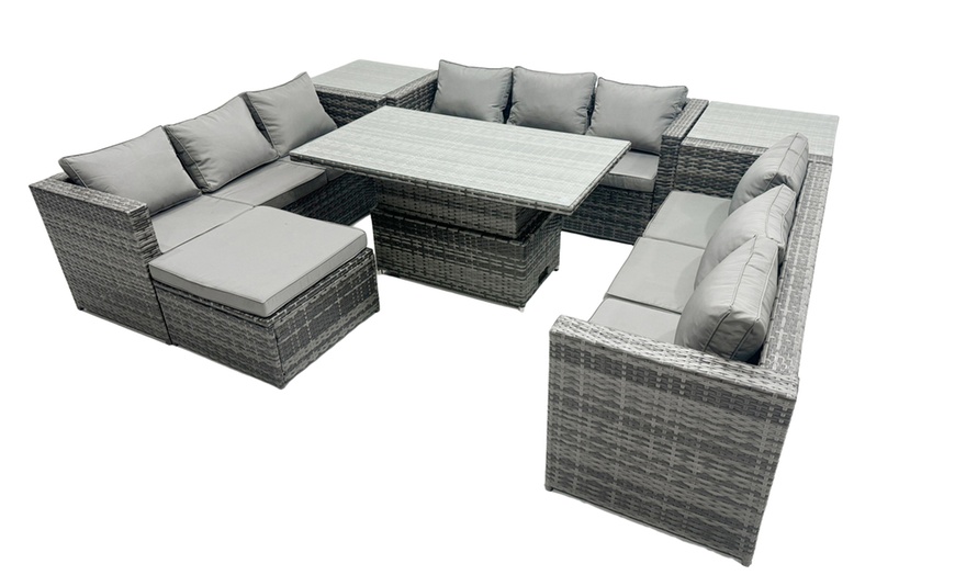 Image 2: Fimous Seven-Piece Rattan-Effect Dining Set with Adjustable Table
