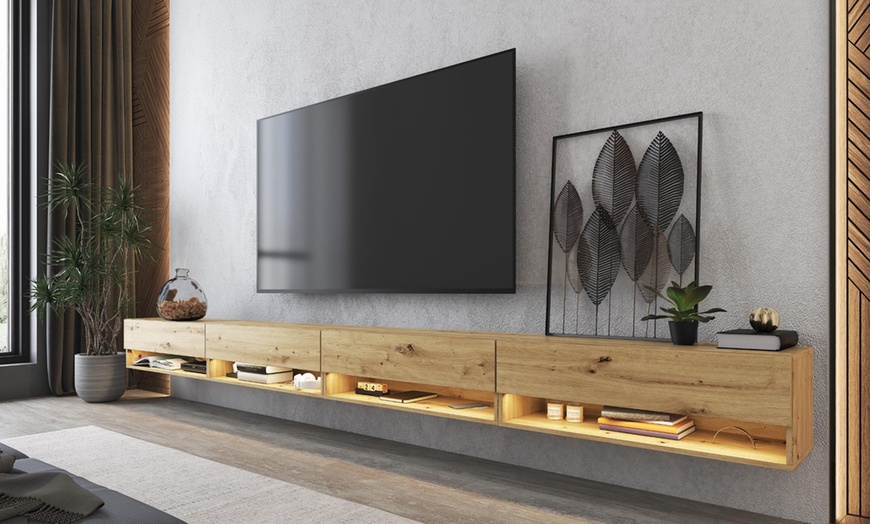 Image 3: Mueble de TV suspendido en pared con luces led y módulos con estantes