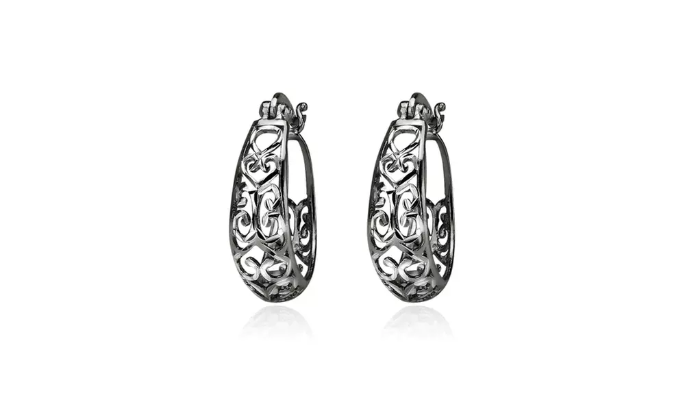 Black Flashed 925 Silver Two-Tone Diamond-cut Filigree Swirl Small Hoop Earrings