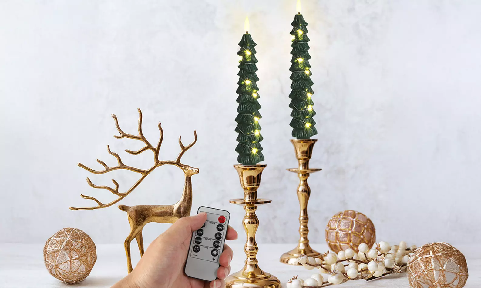 4-Pack of Christmas Tree Flameless Taper Candles with Remote Timer