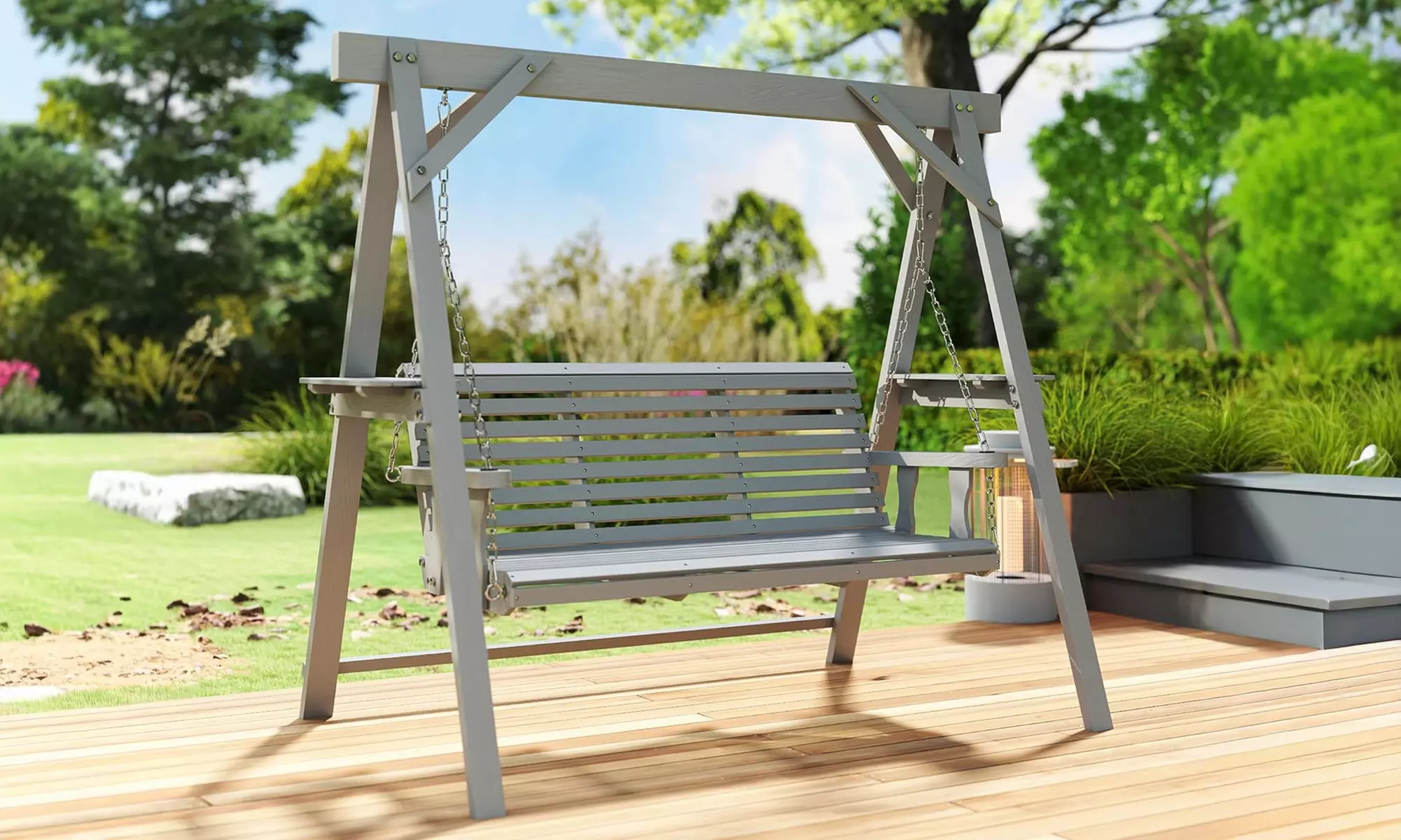 Outsunny Three-Seater Wooden Garden Swing Chair with Side Tables