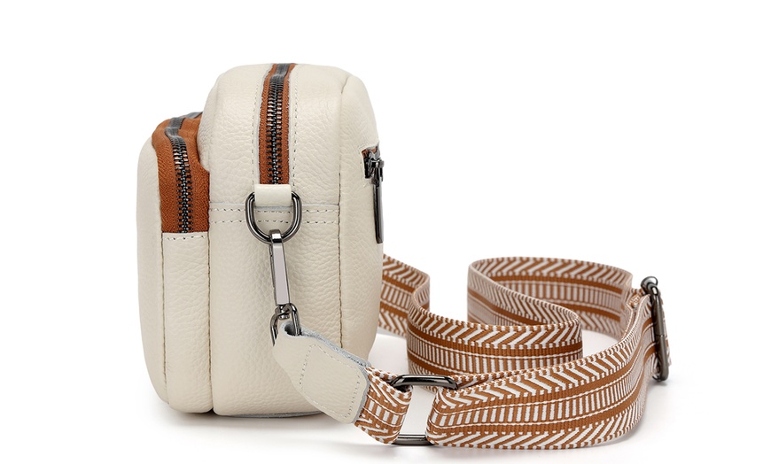 Image 3: Leather Crossbody Shoulder Bag with Jacquard Woven Strap