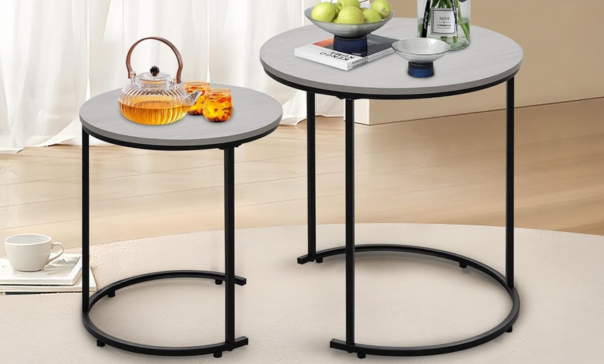 Image 7: Alivio Set of Two Round Metal Frame Coffee Tables with Wooden Top