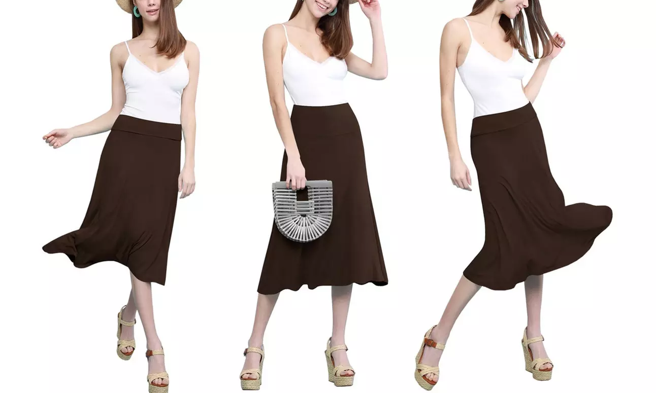 Women's Solid Lightweight Flare Midi Pull On Skirt