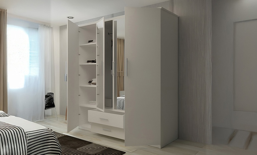 Image 12: Lucca Modern 4 Door Hinged Wardrobe with Mirror and Drawers