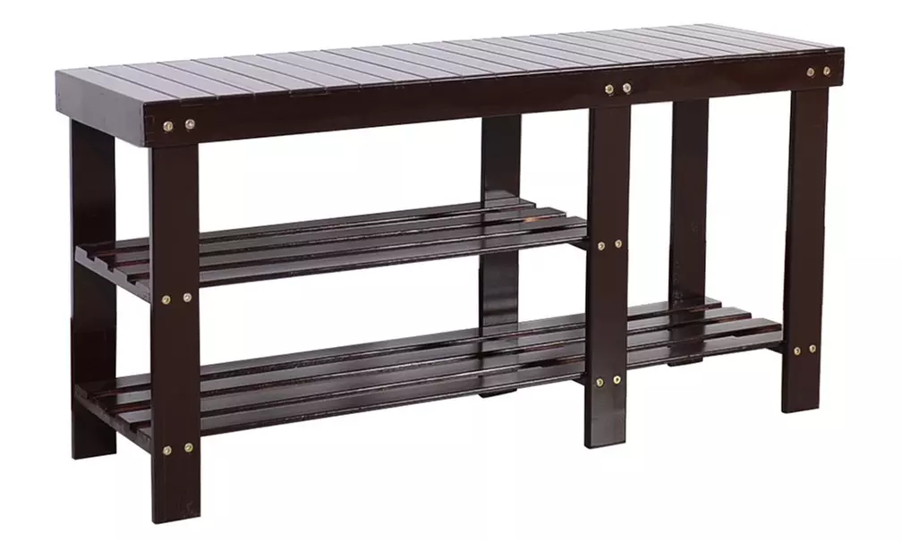 35" Strip Pattern 3 Tiers Bamboo Stool Shoe Rack Coffee