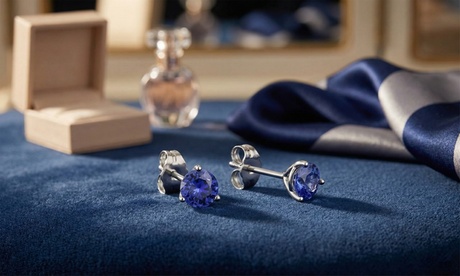 14k White Gold Plated 7mm Round 3 prong Martini push back Stud Earrings Blue 1 ct Round Sapphire September White Gold