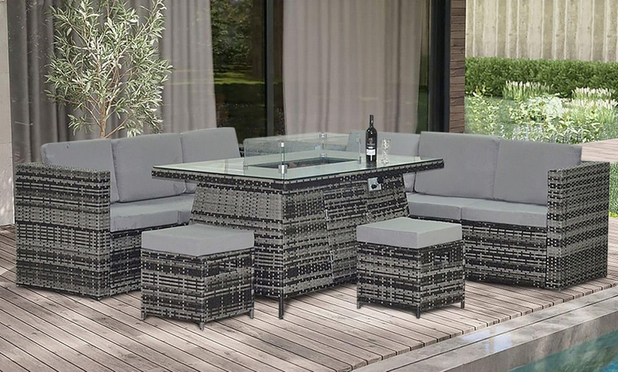 Image 1: Eight Seater Garden Rattan Fire Pit Table Set