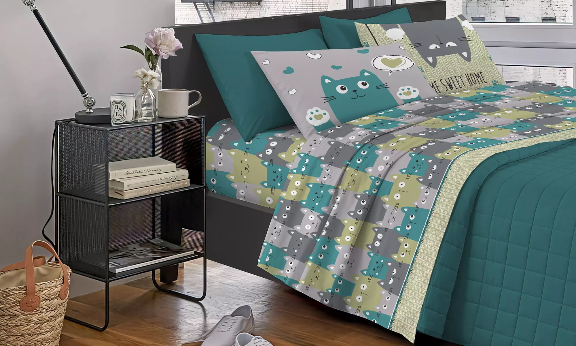 Completo lenzuola in cotone Happy Cats