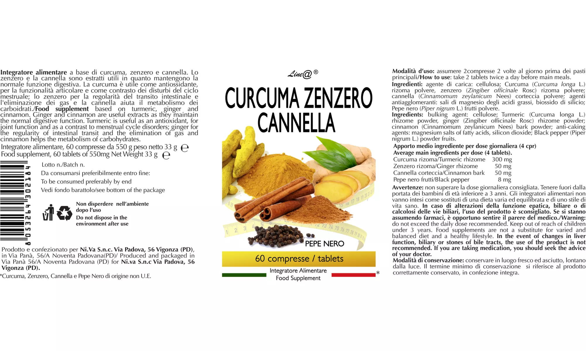 Fino a 720 compresse Line@ con curcuma, zenzero, cannella e pepe nero