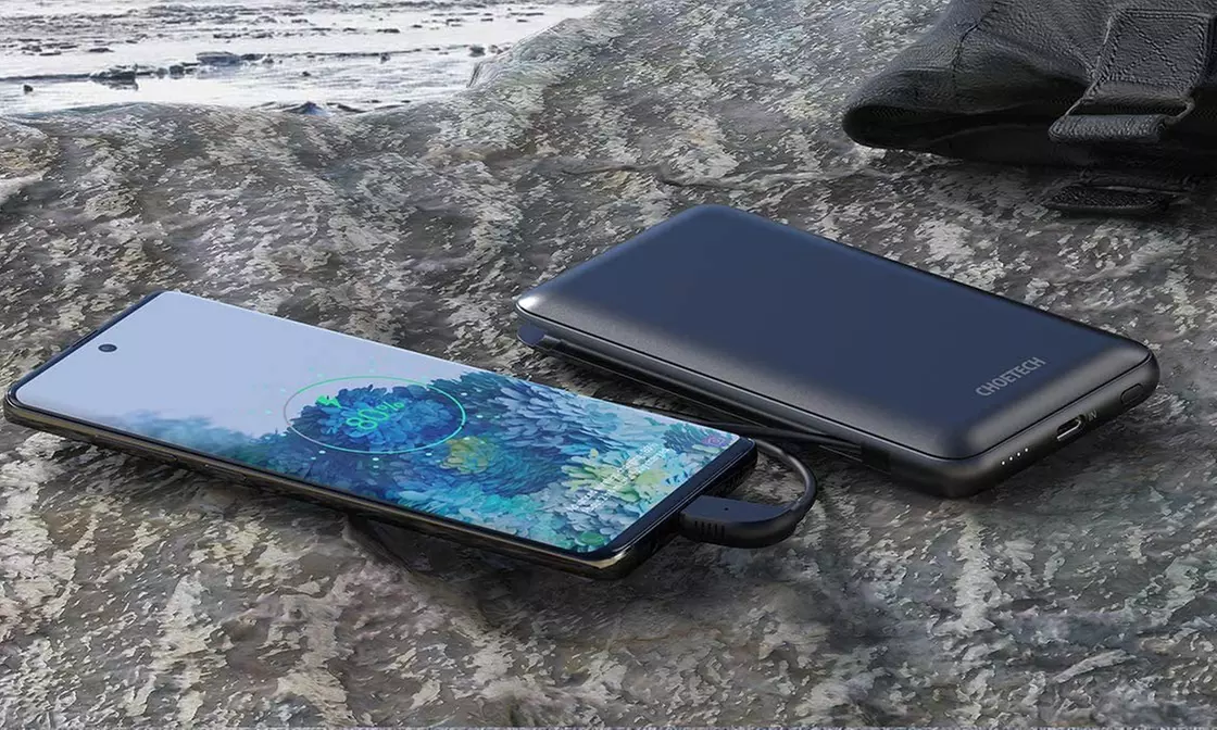 CHOETECH Power Bank with Built-in USB-C and Lightning Cables 10,000 mAh Charger