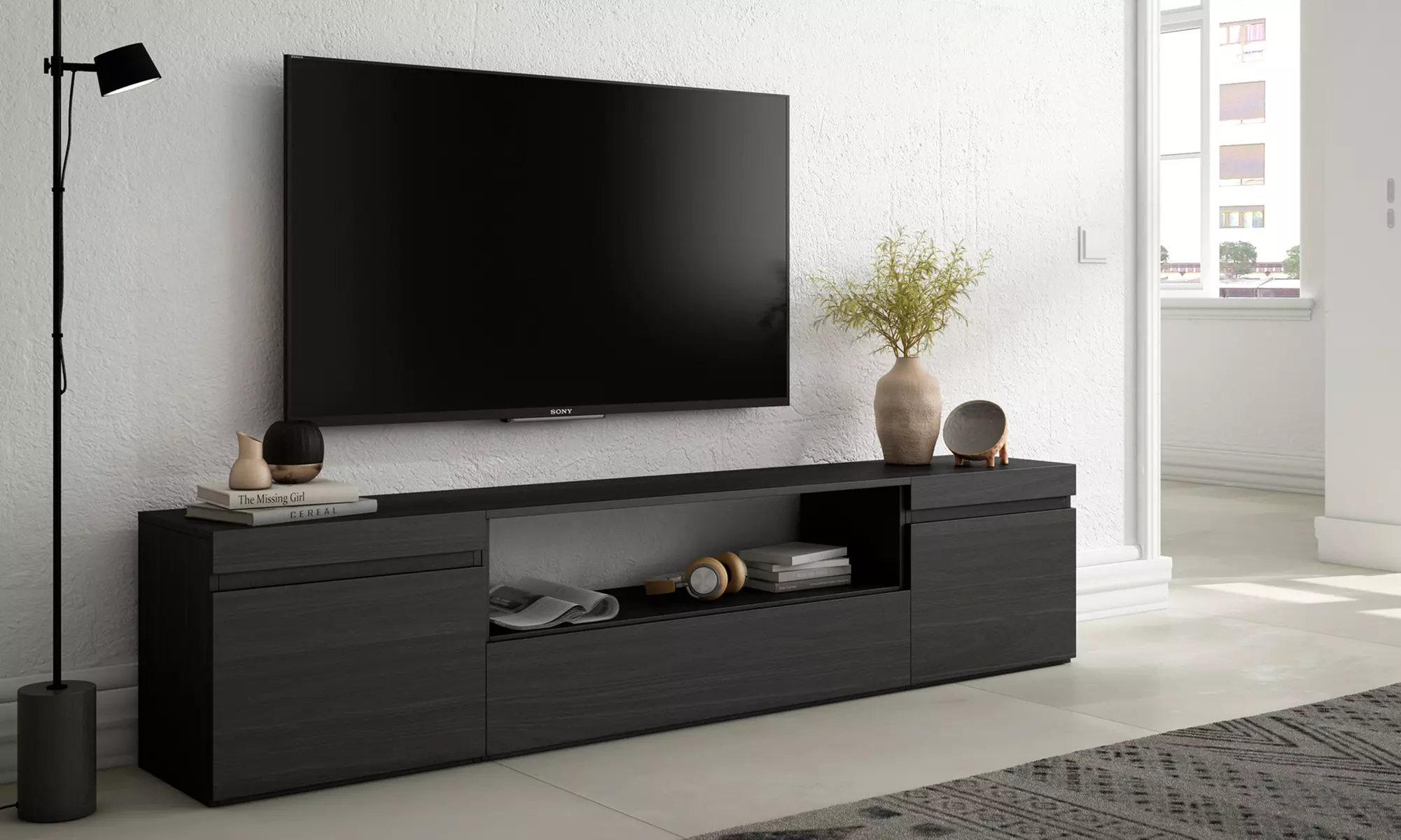 Modernes TV-Lowboard (200cm) - Wahlweise mit 3D-Elektrokamin oder extra Stauraum