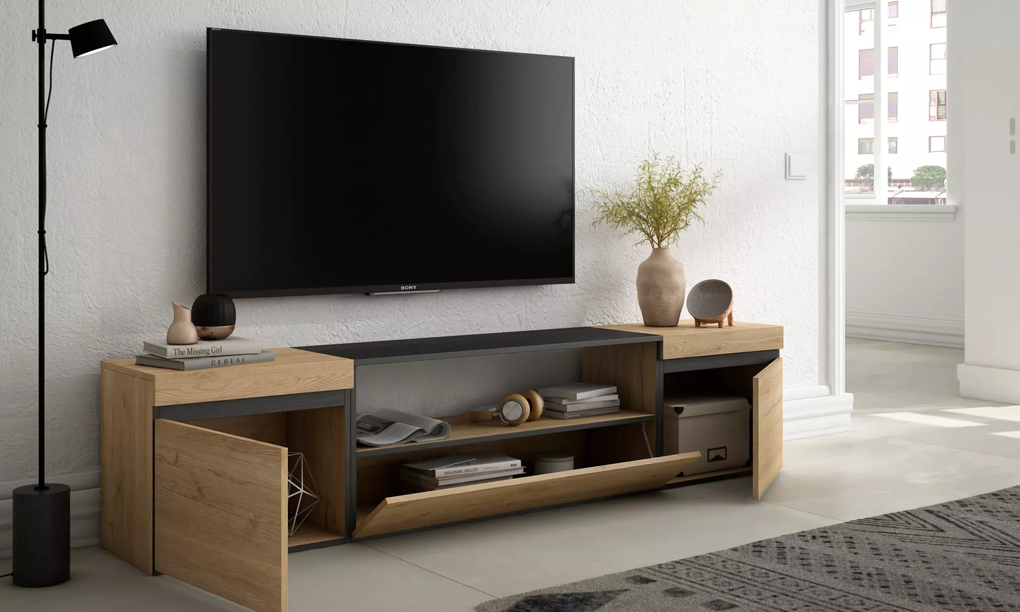 Mobile Porta TV Moderno (200cm) - Scegli tra Camino Elettrico 3D o Vano Extra