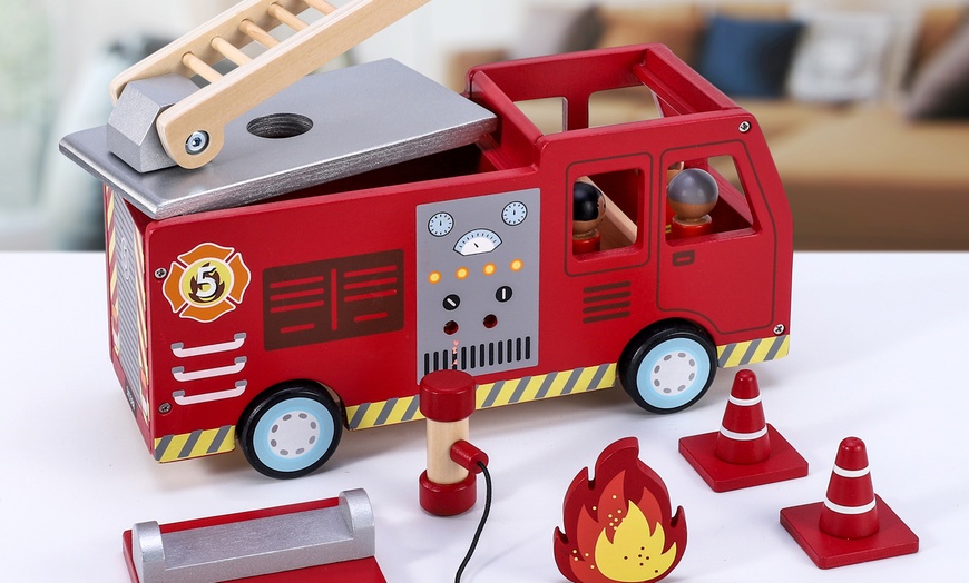 Image 5: SOKA Wooden Fire Engine Truck with Firefighter Figurines