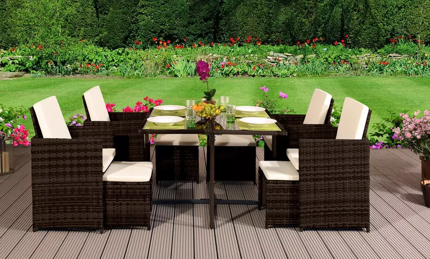 Image 5: 9 or 11 Piece High Back Rattan-Effect Cube Dining Set