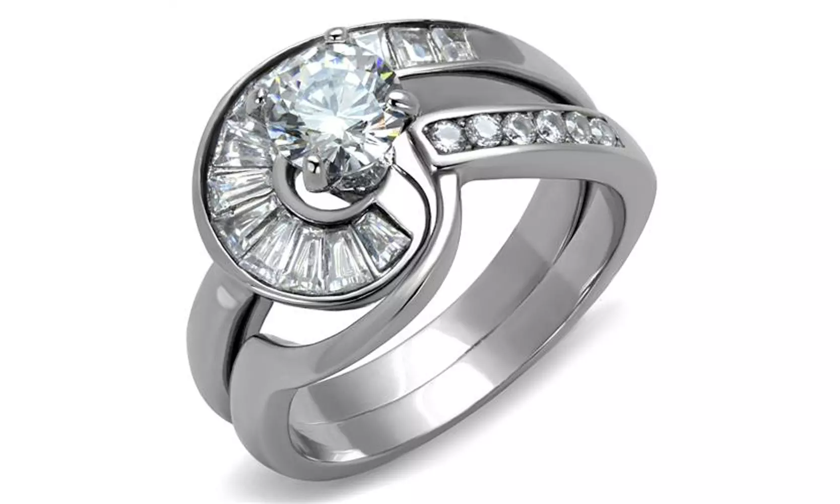 Womens 1.38ct Round & Bagguete Cubic Zirconia Stainless Steel Wedding Ring Set