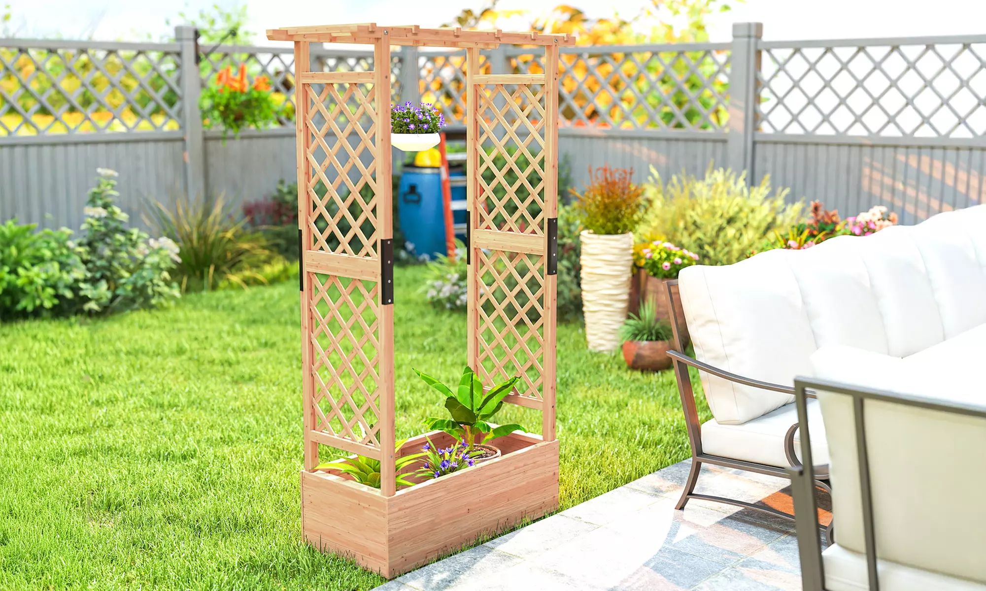 Outsunny Wooden Raised Garden Bed with Trellis and Hanging Rails