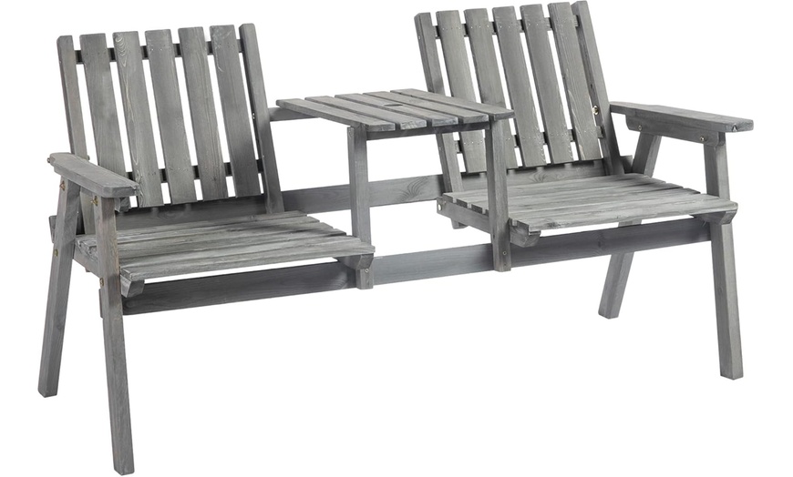 Image 17: Outsunny 2-Seater Wooden Bench with Centre Table