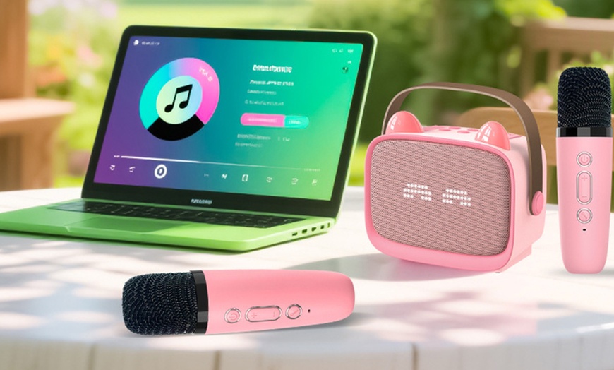Image 1: Mini Bluetooth Karaoke Machine with 2 Wireless Microphones
