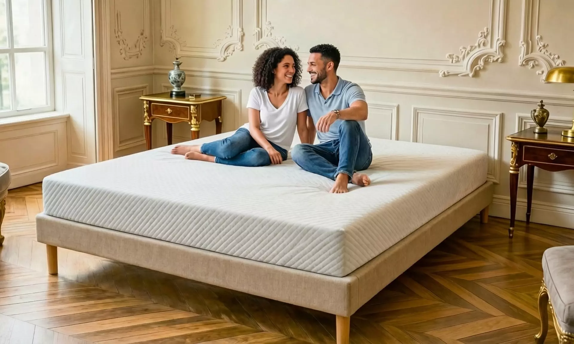 Base letto a doghe beige con doghe dinamiche