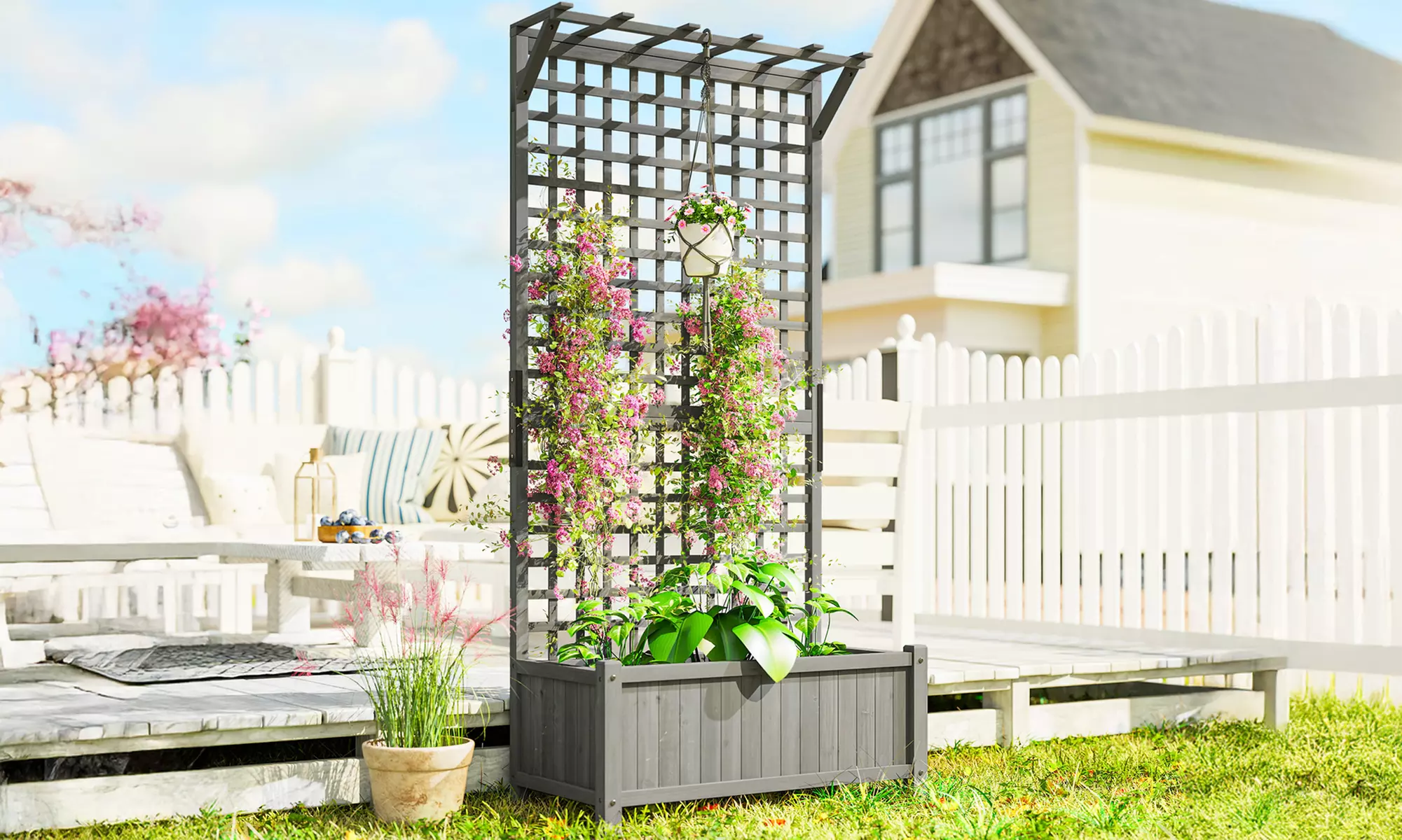 Outsunny Wooden Garden Planter with Trellis and Hanging Roof