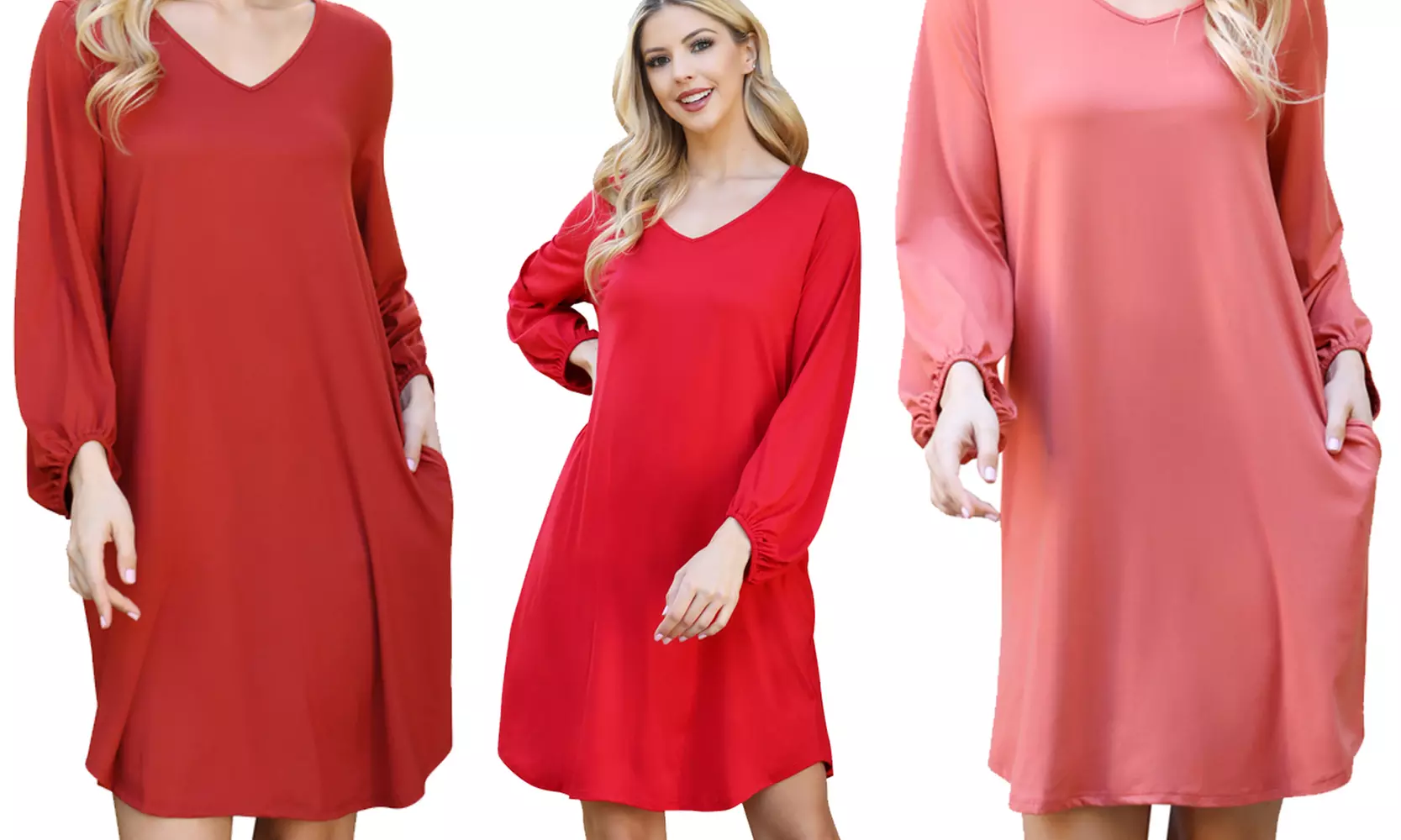 Riah Fashion Solid V-Neck Tunnel Long Sleeve Dress