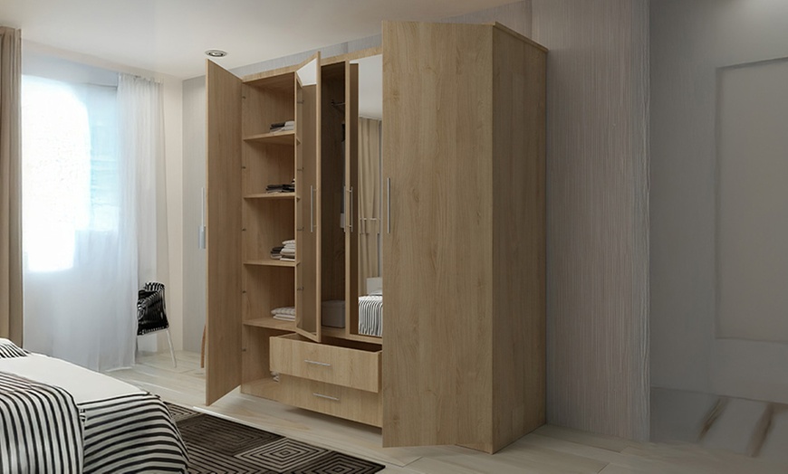 Image 3: Lucca Modern 4 Door Hinged Wardrobe with Mirror and Drawers