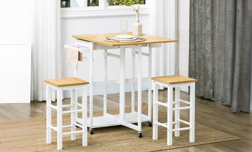 Image 1: HOMCOM Bamboo Breakfast Cart with Drop Leaf Table and Two Stools 
