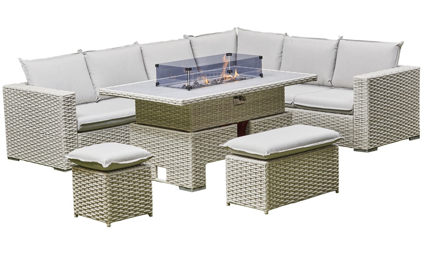 Image 2: Malibu Six-Seater Rattan-Effect Firepit Dining Set Garden Furniture
