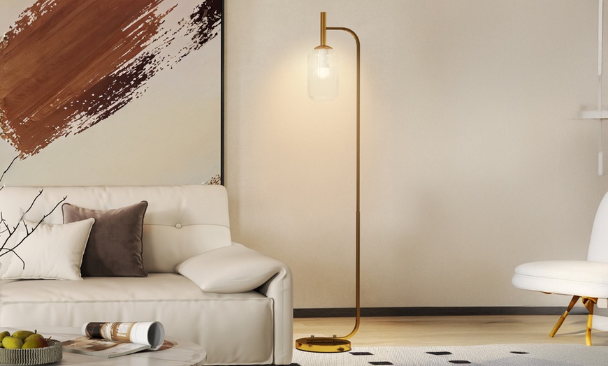 Image 2: HOMCOM Modern Floor Lamp with Glass Lampshade and Foot Switch