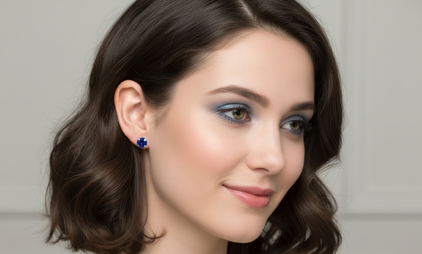 Image 1: 14k White Gold Plated Round 4mm Genuine Gemstone Blue Sapphire Stud Earrings