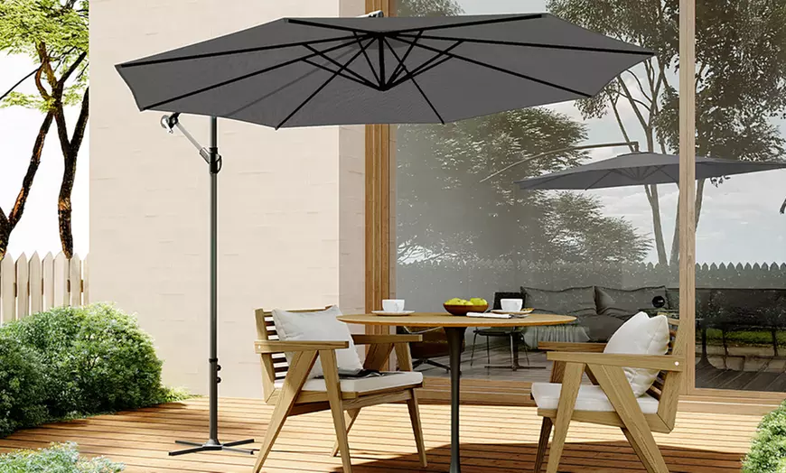 Image 2: Large 3m Grey Cantilever Parasol with Multiple Base Styles 