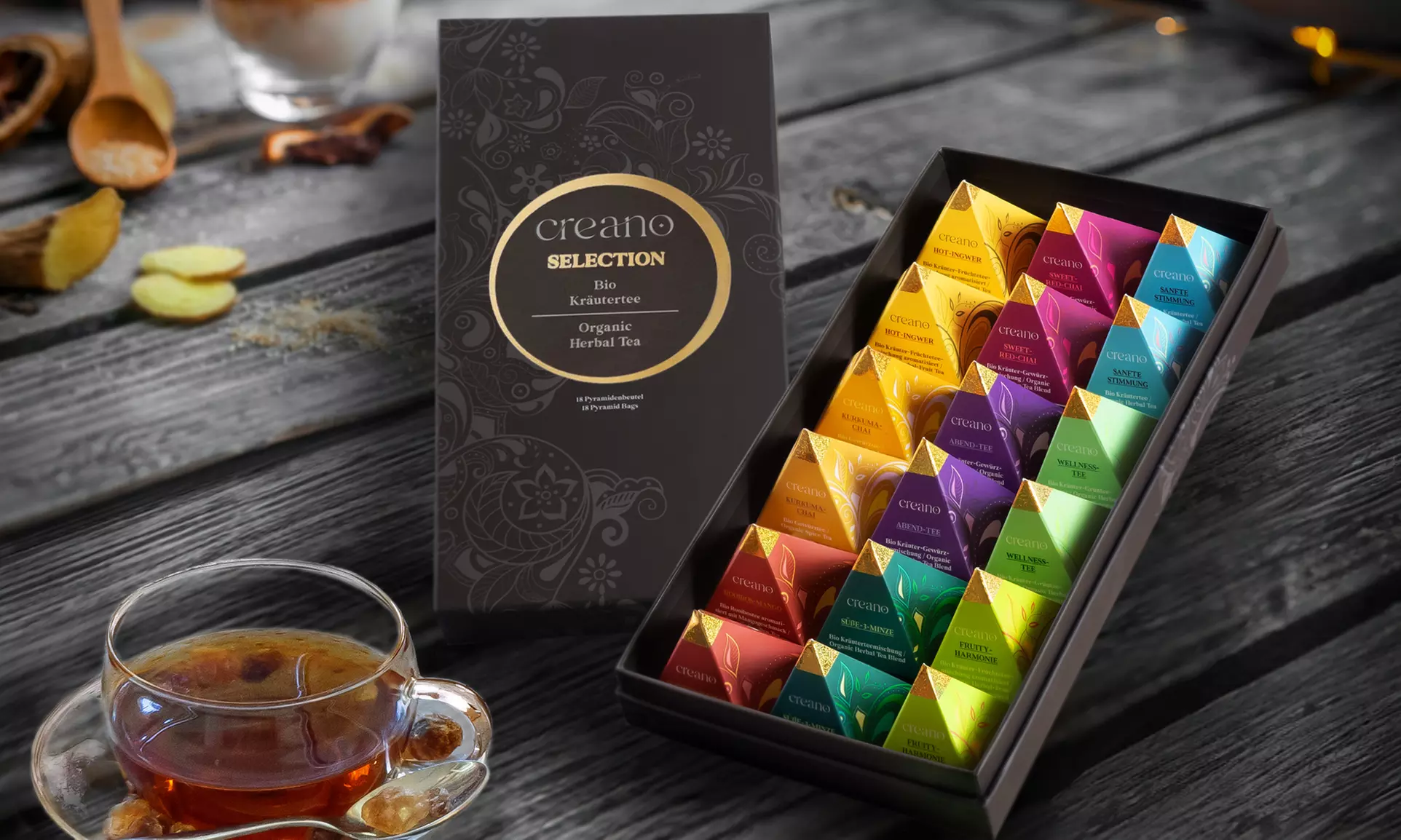 Creano Geschenk-Box „Kräuter-Gewürz-Tee“ Pyramiden (bis zu 1,17€/Stk.)