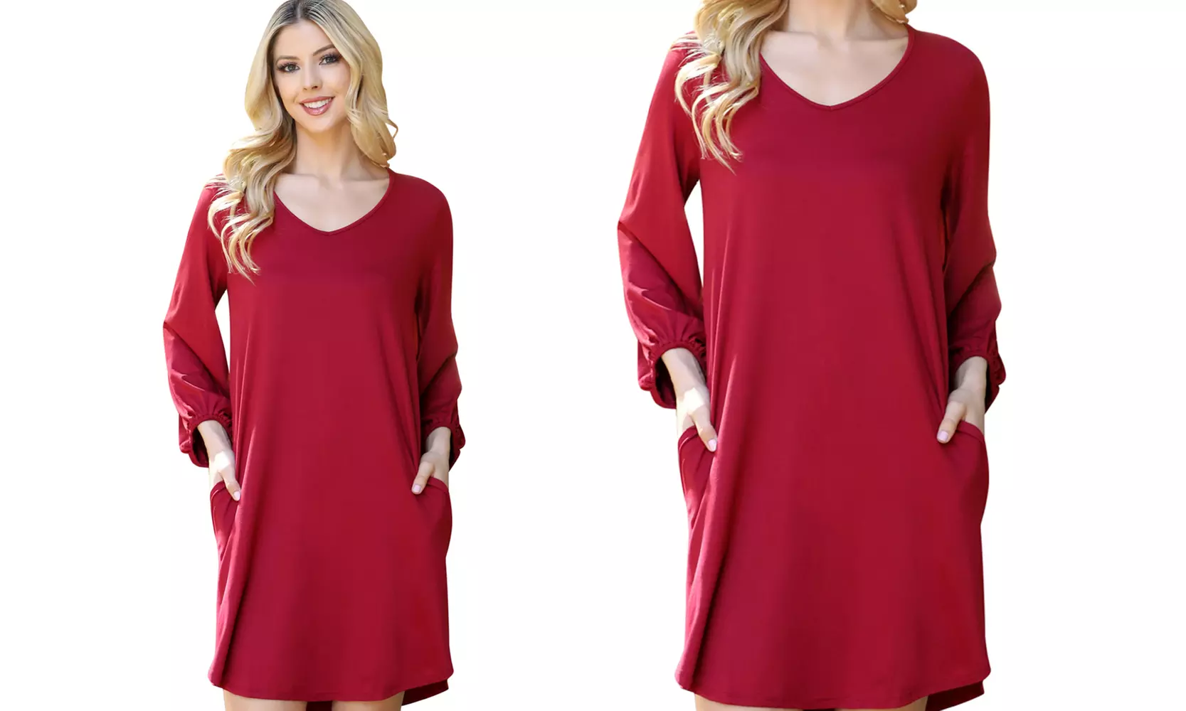 Riah Fashion Solid V-Neck Tunnel Long Sleeve Dress