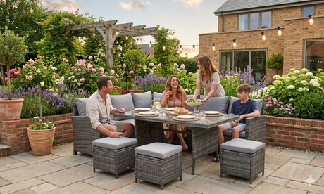 Signature Weave Unisex Grain Outdoor Corner Sofa Set: Outdoor Corner Sofa Dining Set With Table & Ottoman Stools