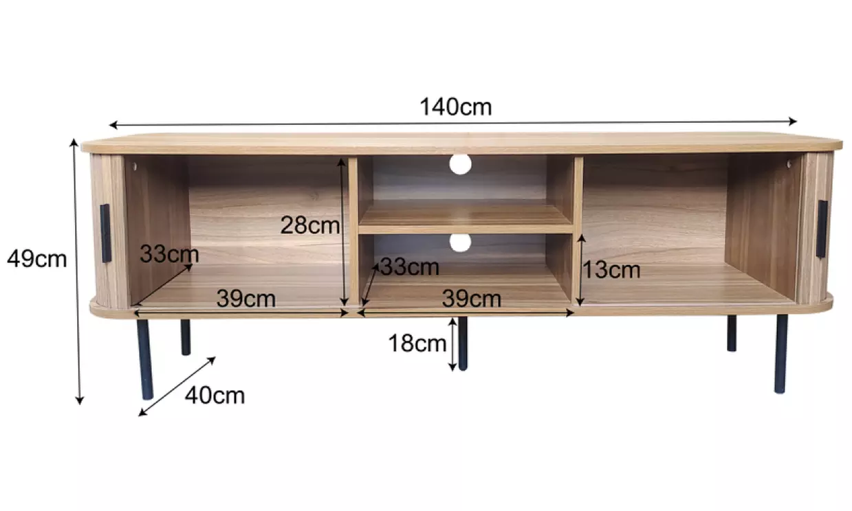 Meuble TV "Ambon" en bois cannelé avec portes coulissantes 140 cm