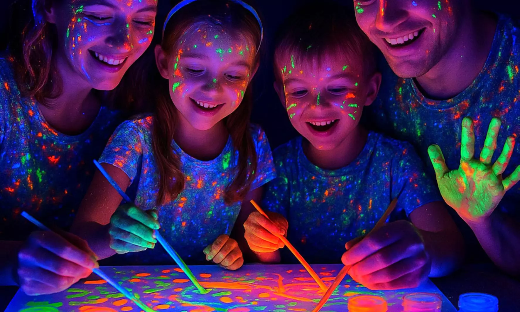Taller PINTA LUZ de pintura neón bajo luz UV para 1 o 2 personas, niños y adultos con un 23% de descuento - Primary Image