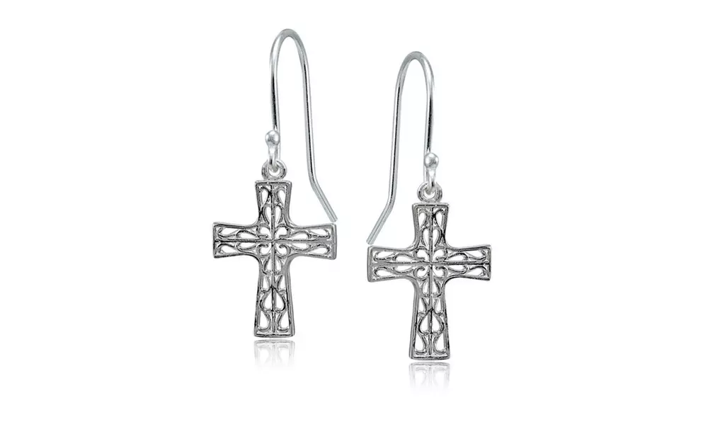 Sterling Silver High Polished Filigree Cross Dangle Earrings